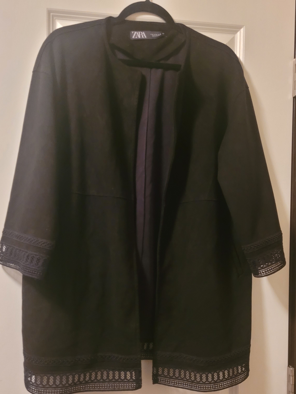 ZARA Faux Suede Black Open-Front Coat with Embroidered Trim Size M